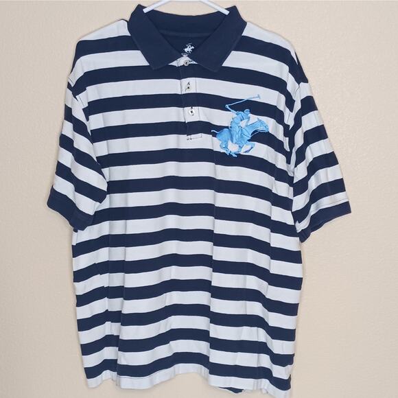 Beverly Hills Polo Club Shirt Mens XL Blue Striped Big Pony Logo No. 2 Rugby - Picture 1 of 9